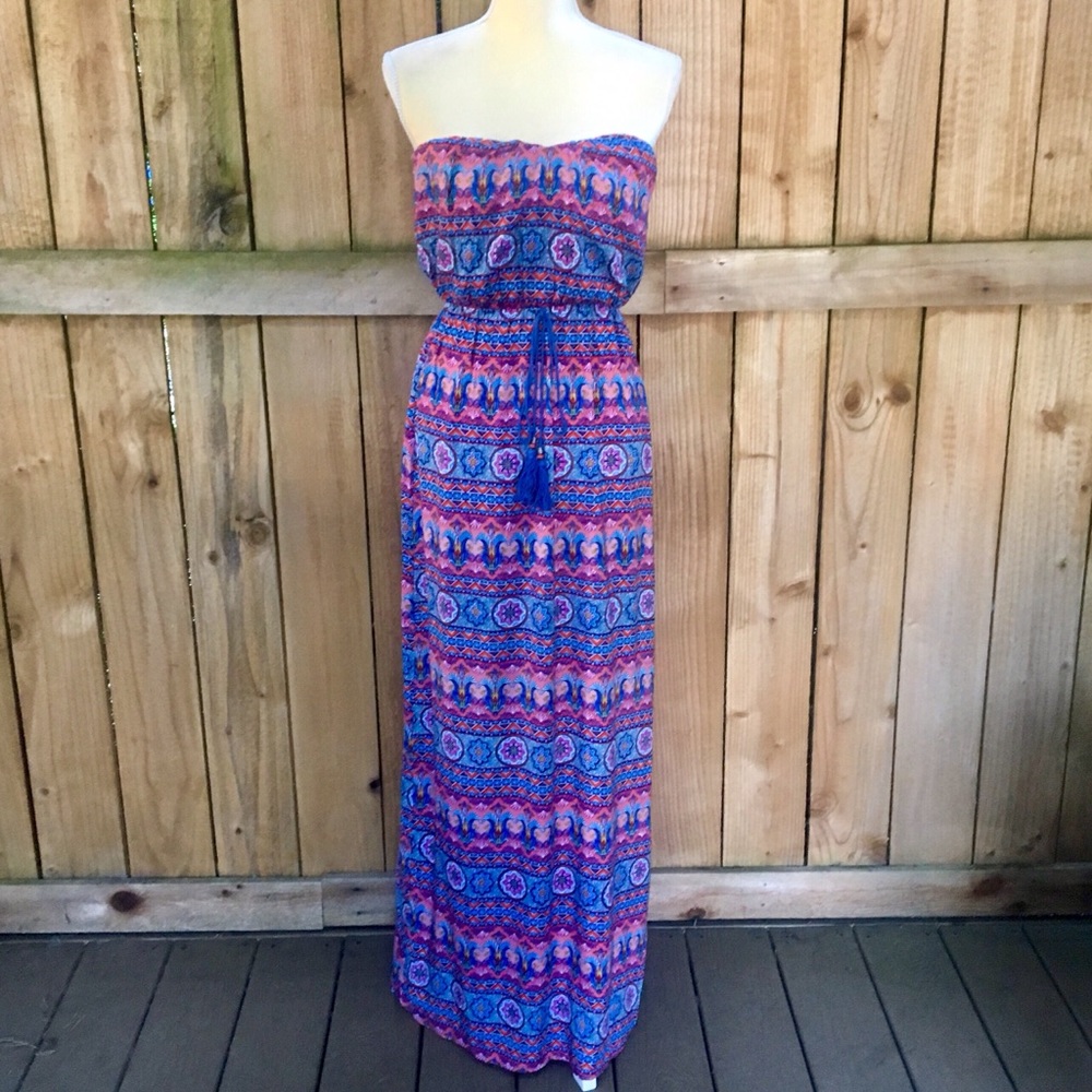 Pink Owl Strapless Boho Festival Maxi Dress NWT